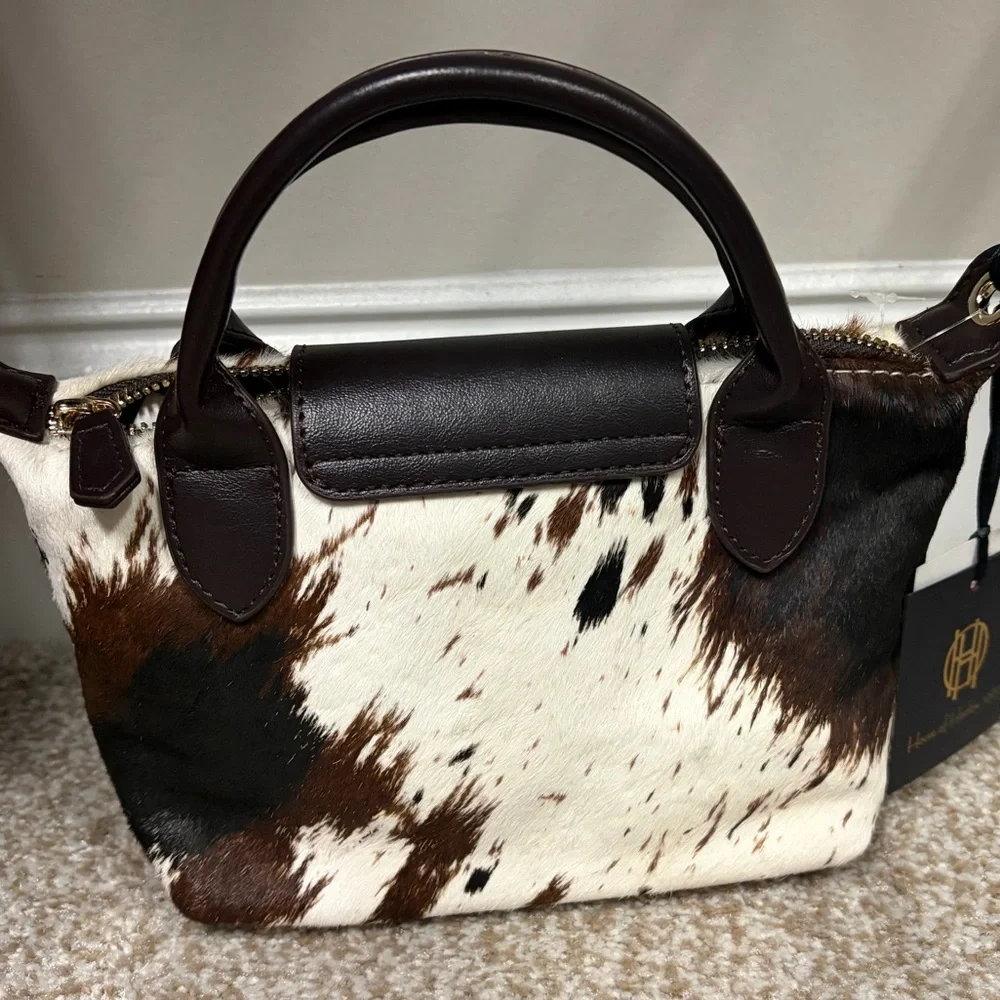 NWT House of Harlow Brown White Black Genuine Cow Hide Leather Le Pliage Bag - Picture 4 of 5